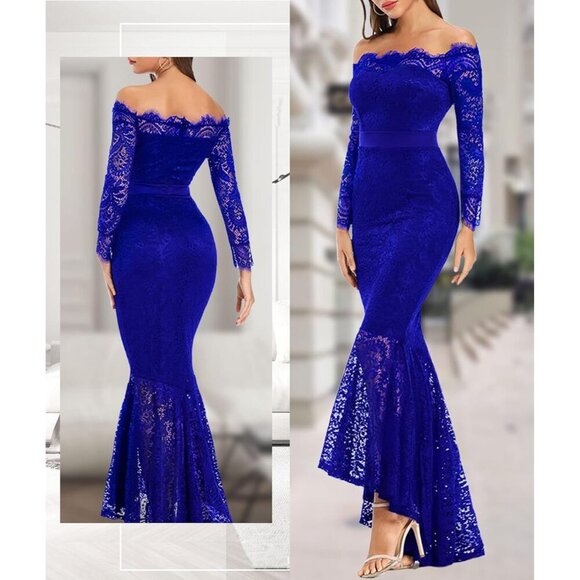 Women's Blue Floral Lace Long Sleeve Off Shoulder Wedding Mermaid Dress - Picture 4 of 6